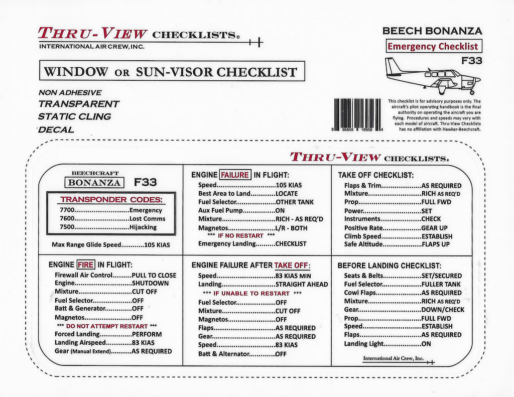 Thru-View Emergency Checklist - Beechcraft Bonanza F33