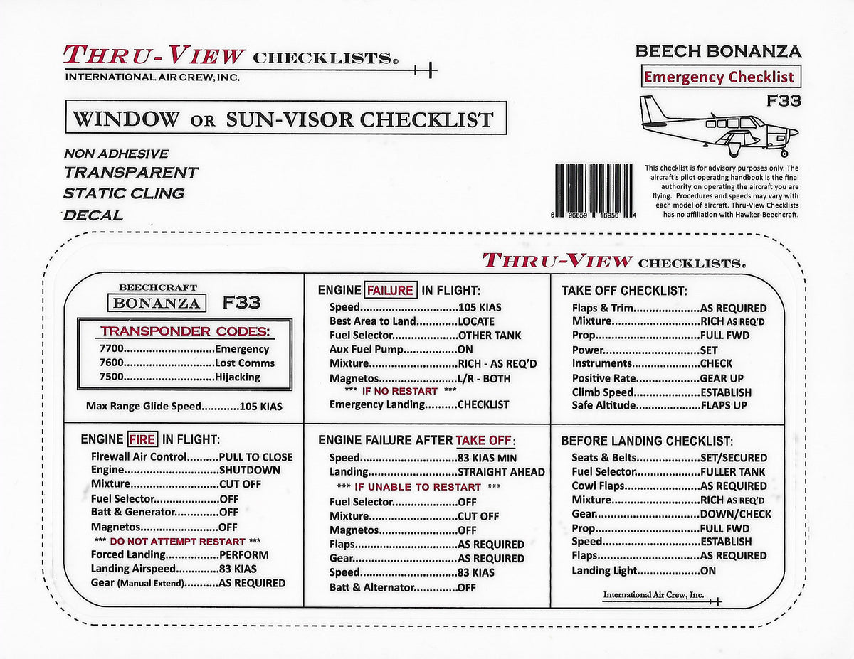 Thru-View Emergency Checklist - Beechcraft Bonanza F33