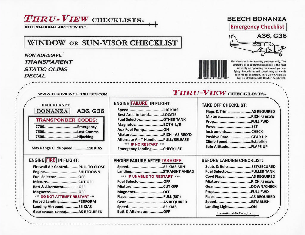 Thru-View Emergency Checklist - Beechcraft Bonanza A36/G36