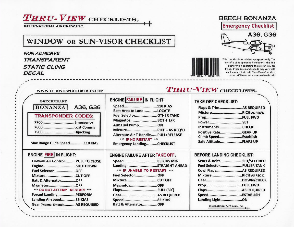 Thru-View Emergency Checklist - Beechcraft Bonanza A36/G36