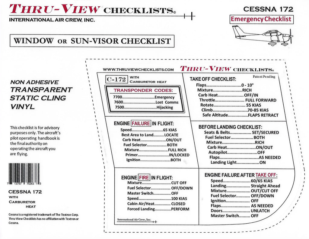 Thru-View Emergency Checklist - Cessna 172 - Carbureted