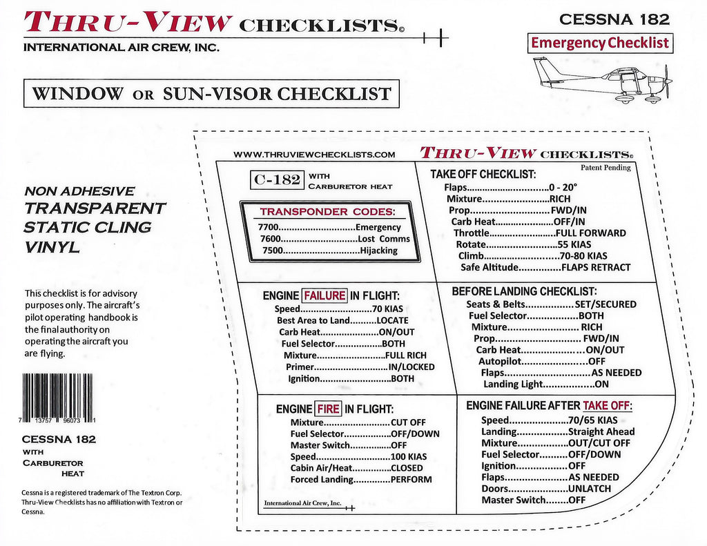 Thru-View Emergency Checklist - Cessna 182 - Carbureted
