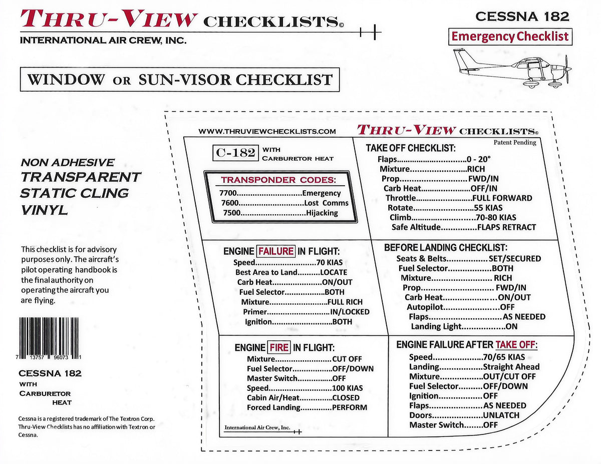 Thru-View Emergency Checklist - Cessna 182 - Carbureted