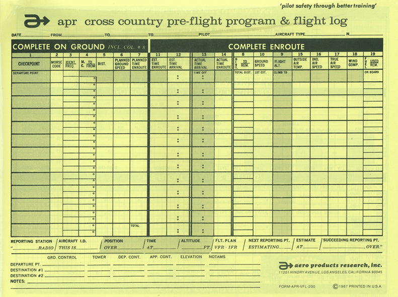 APR's Capt. Barry Schiff designed Cross Country Pre-flight Program & Flight Log VFL-200