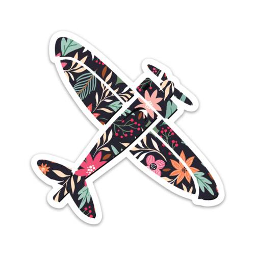Gray Floral Die Cut Airplane Sticker