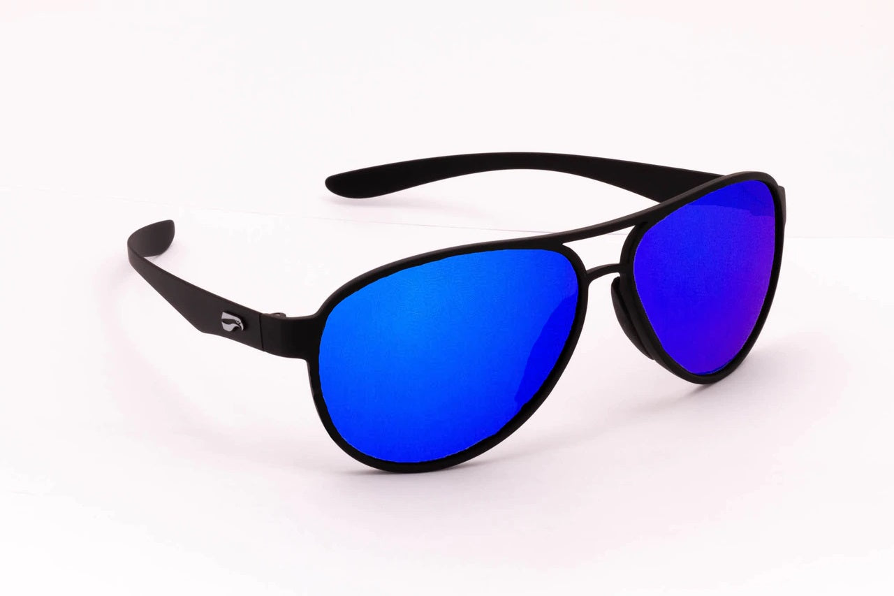 Flying Eyes Kestrel Aviator Sunglasses - Matte Black Frame - Mirrored Sapphire Lens