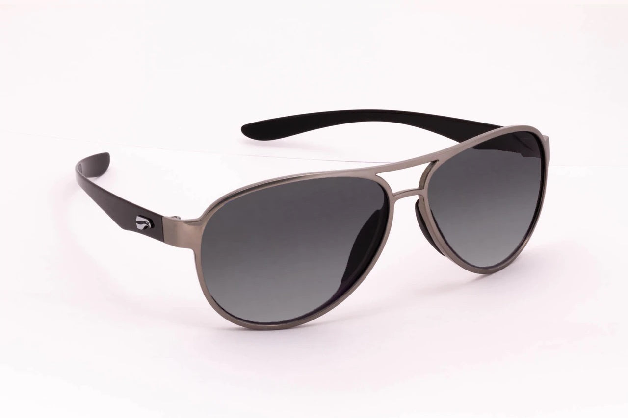 Flying Eyes Kestrel Aviator Sunglasses - Silver and Glossy Black Frame - Gradient Gray Tint Lens
