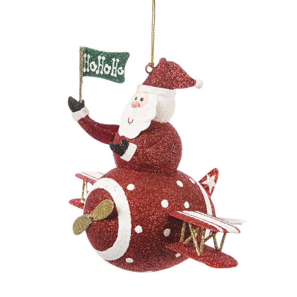 Santa Plane Ornament | Glittered Red Biplane Christmas Ornament