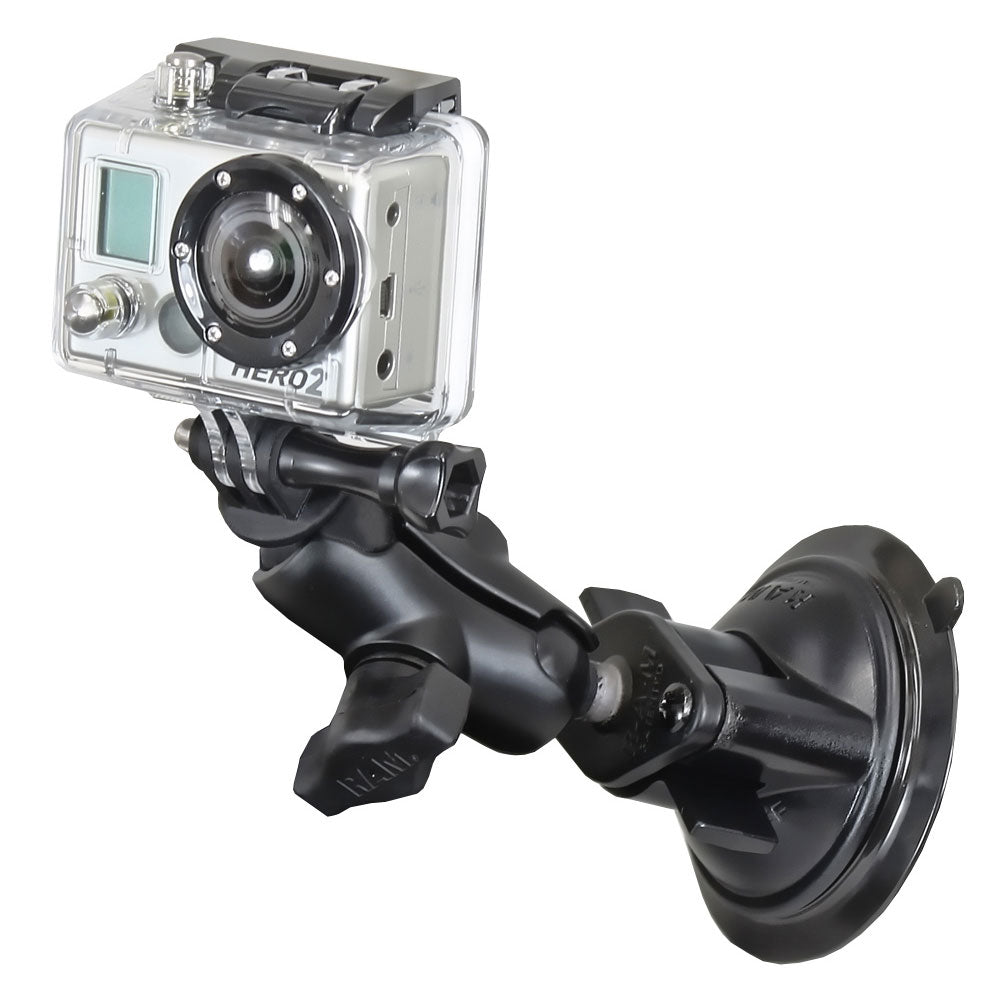 RAM Twist Lock Suction Cup Mount, Short Double Socket Arm With Custom GoPro Hero Adapter