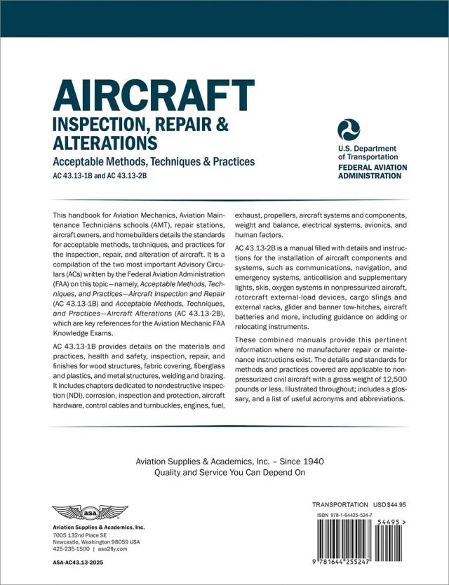 ASA Aircraft Inspection, Repair & Alterations (Softcover) | ASA-AC43.13-2025