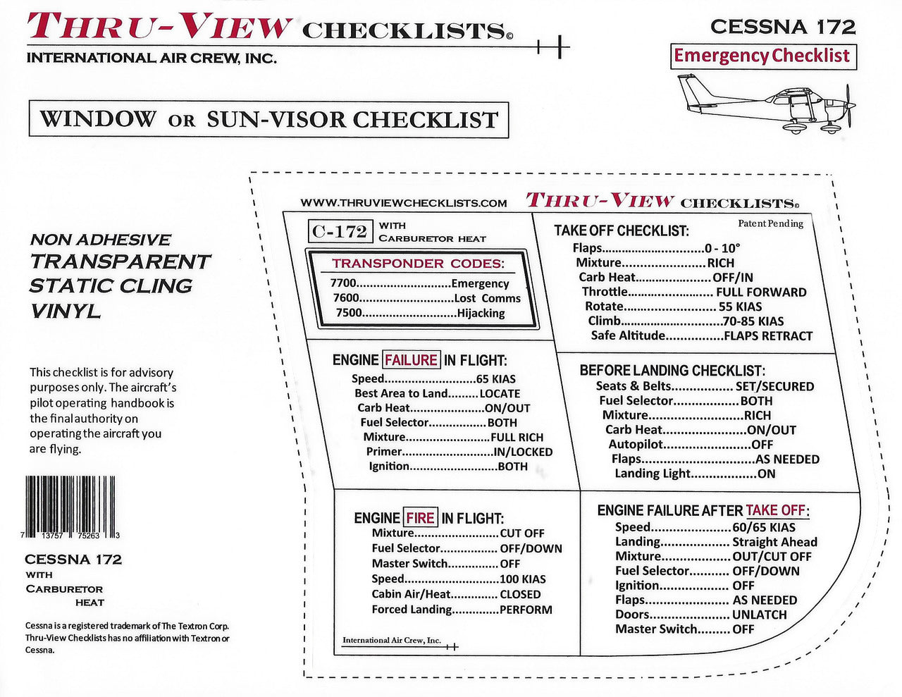 Thru-View Emergency Checklist - Cessna 172 - Carbureted