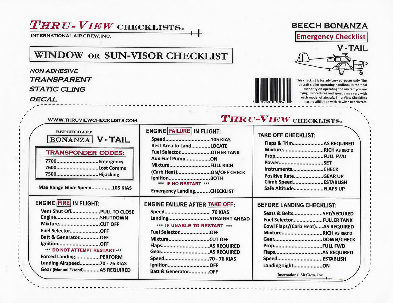 Thru-View Emergency Checklist - Beechcraft Bonanza V-Tail